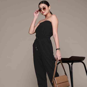 Women Midnight Black Season Staples Strapless Smocked Jumpsuit